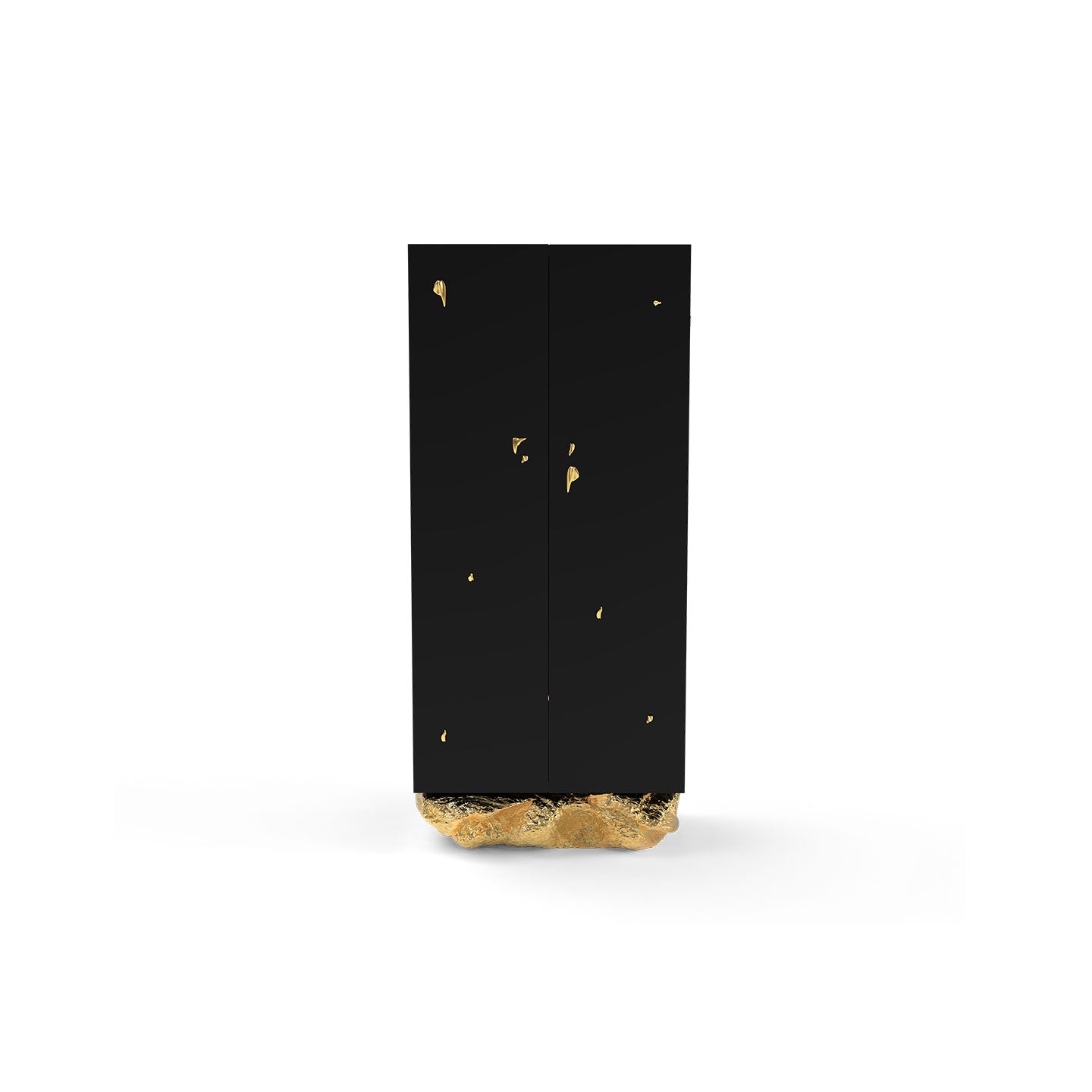 Black Bar Cabinet with Hammered Brass Base & Gold Accents