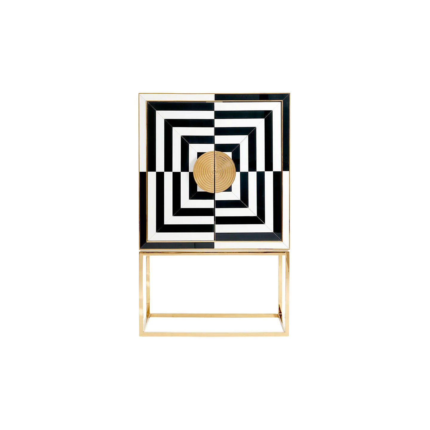 Black & White Geometric Bar Cabinet with Gold Base