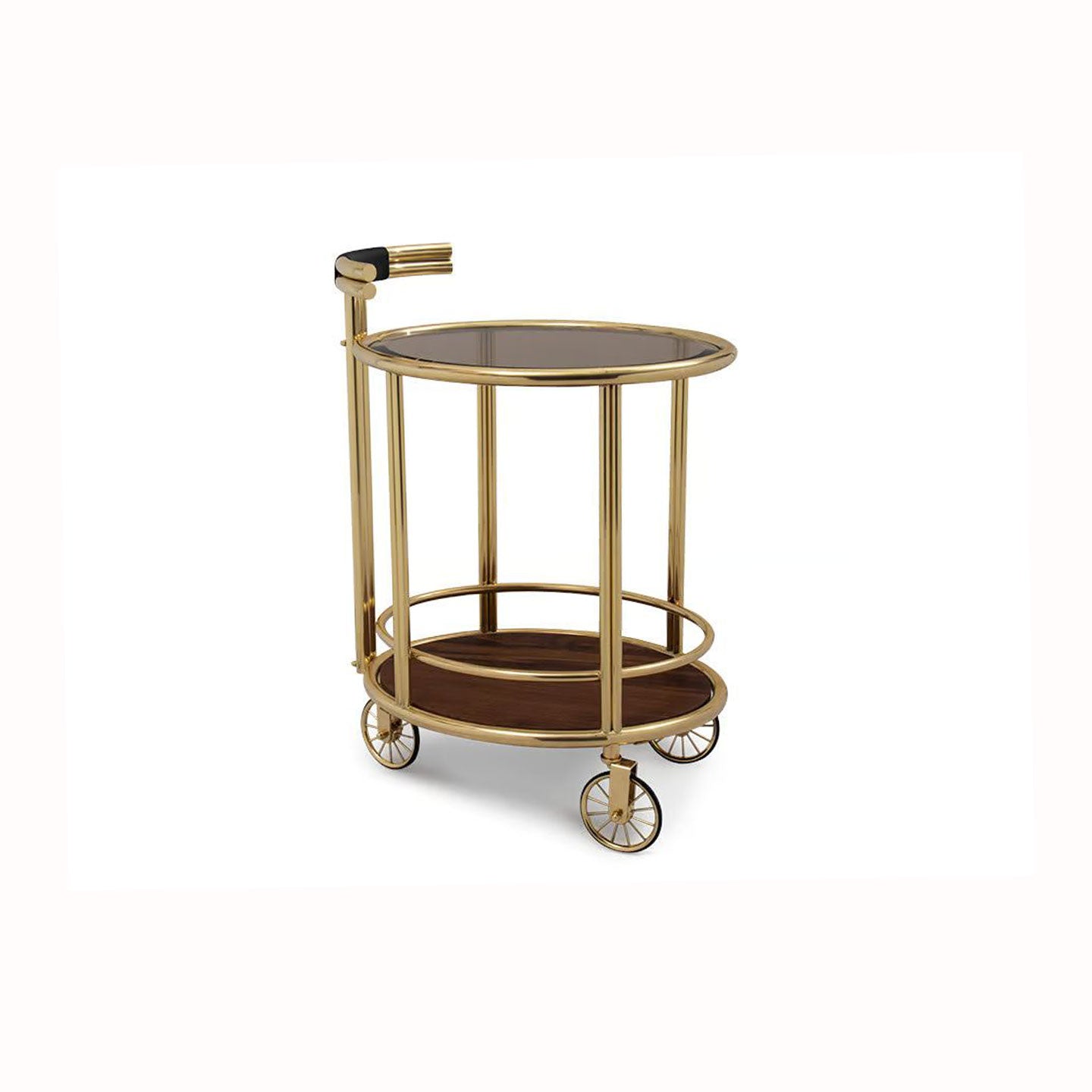 Luxury Gold Bar Cart with Glass Top & Walnut Shelf