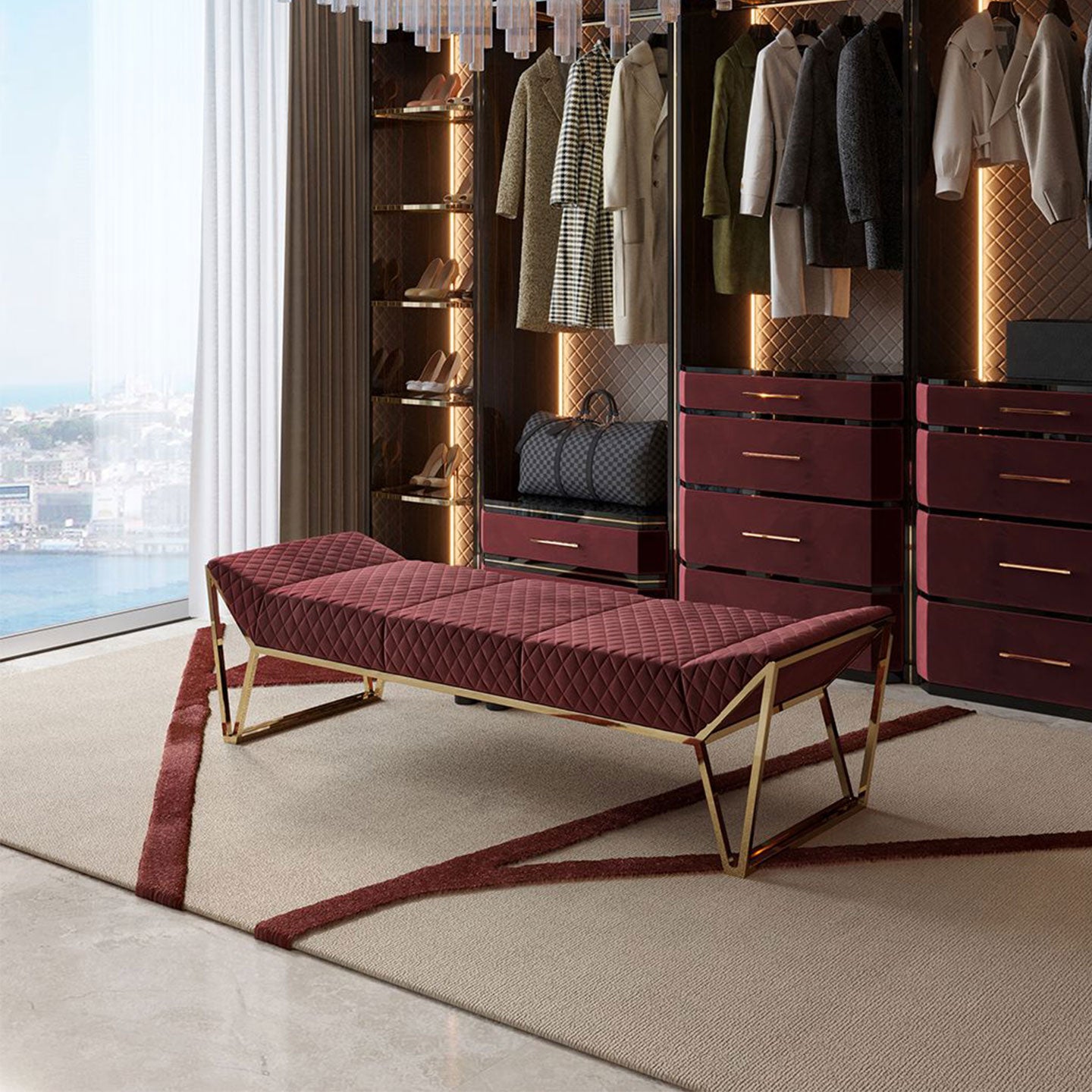 Long bench in the dressing room and bench at the foot of the bed in the bedroom