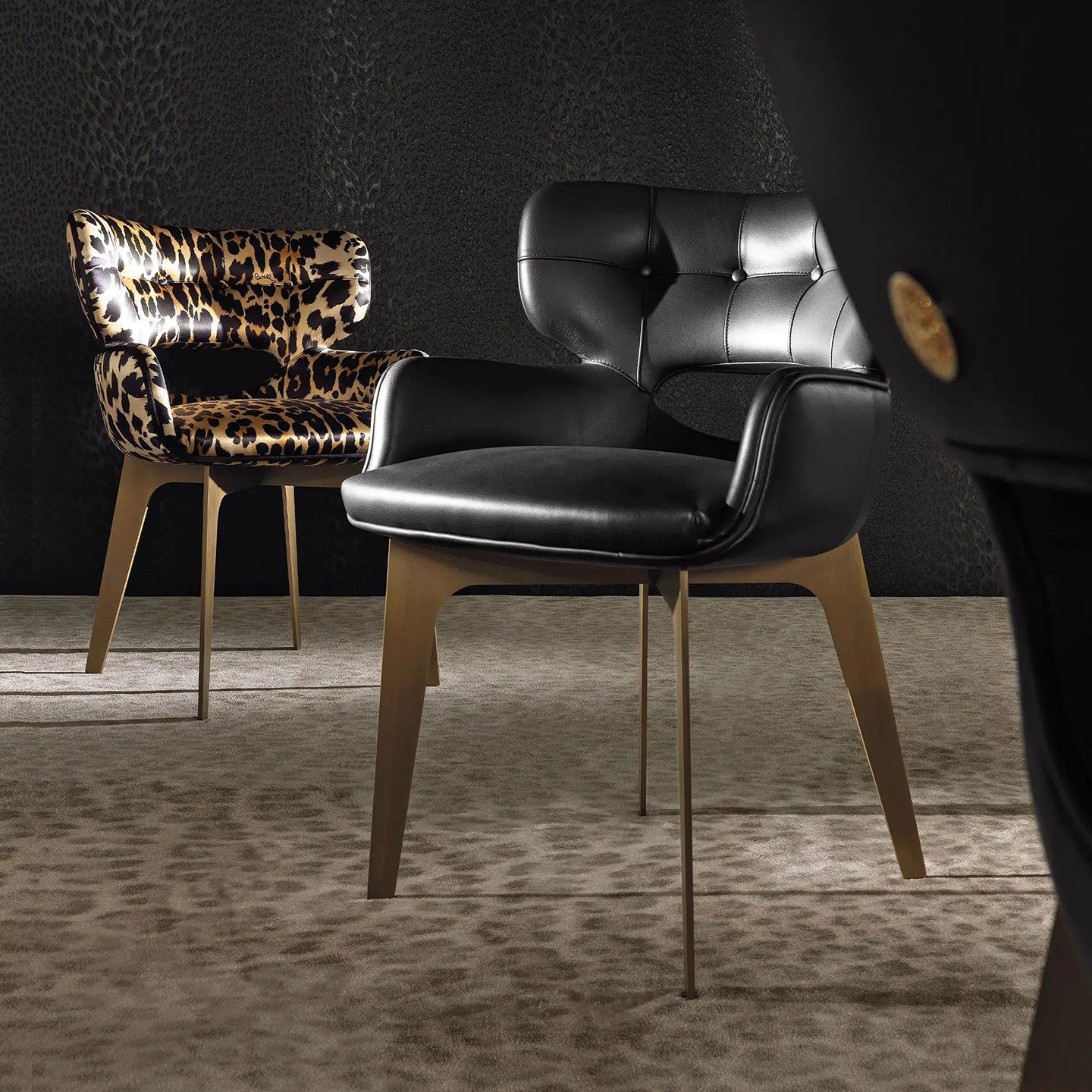 Italian luxury dining chair with armrests and upholstered design. Black Tufted Leather Armchair.