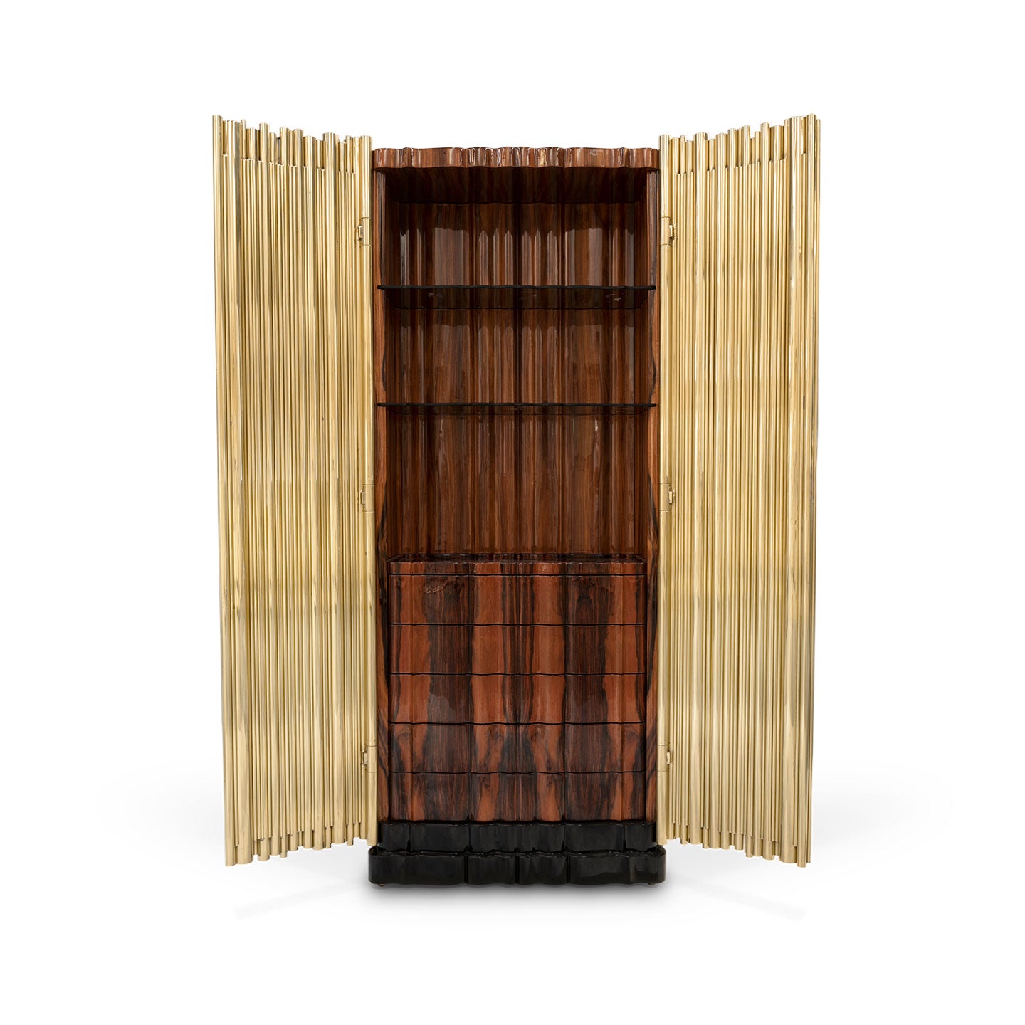 Polished Gold Stainless Steel Bar Cabinet with Dark Wood Interior