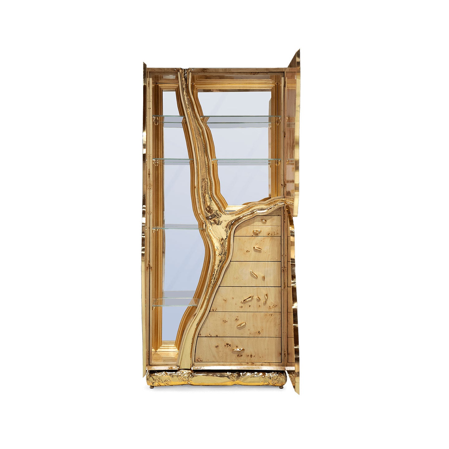 Statement Luxury Mirror Bar Cabinet with Sculptural Brass Detail