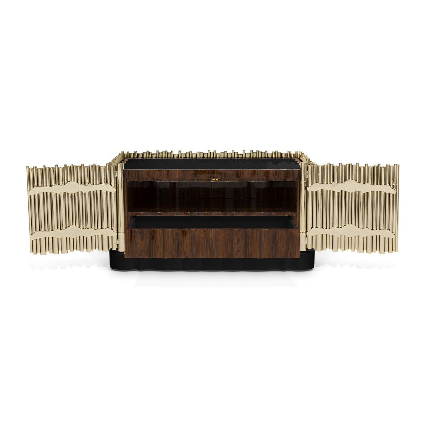 Gold Fluted Bedside Table with Black Base - Modern Luxury