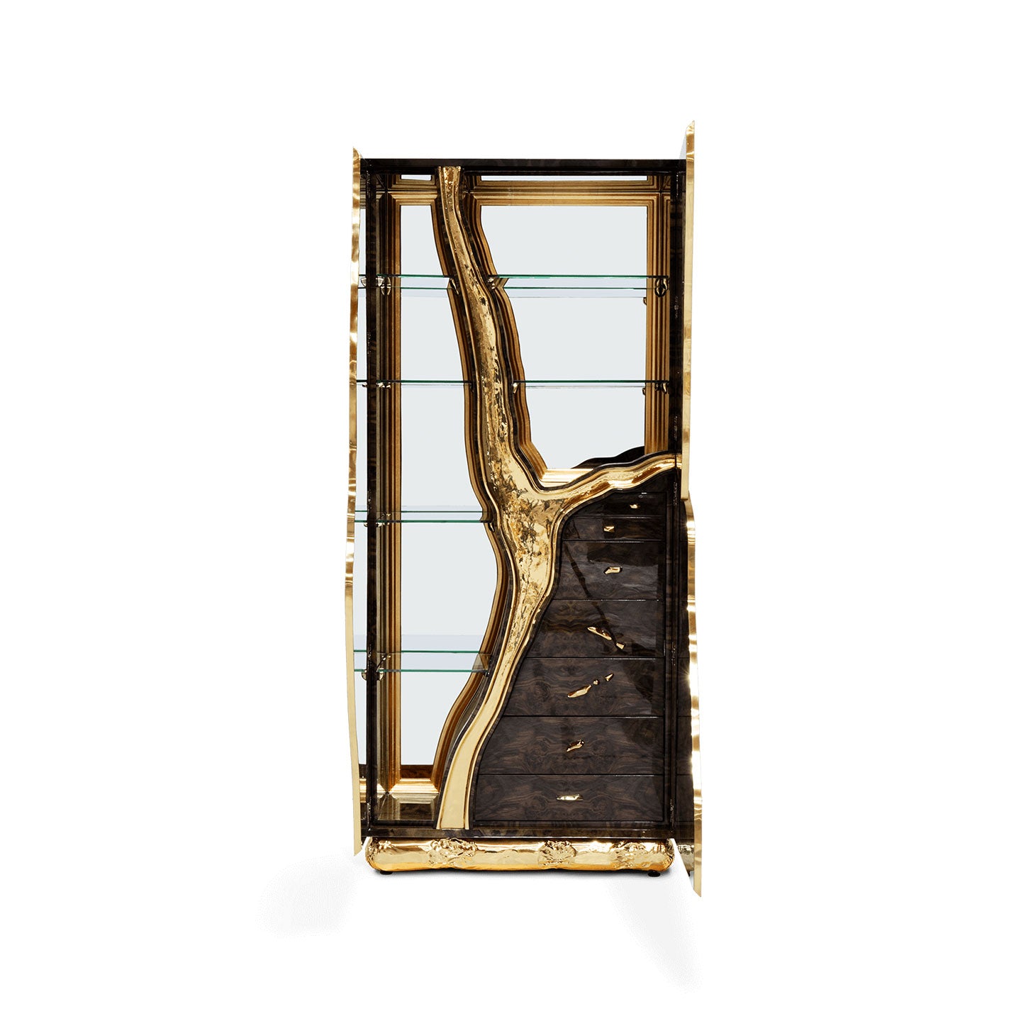 Modern Walnut Wine Cabinet with Brass Hardware & Glass Shelves
