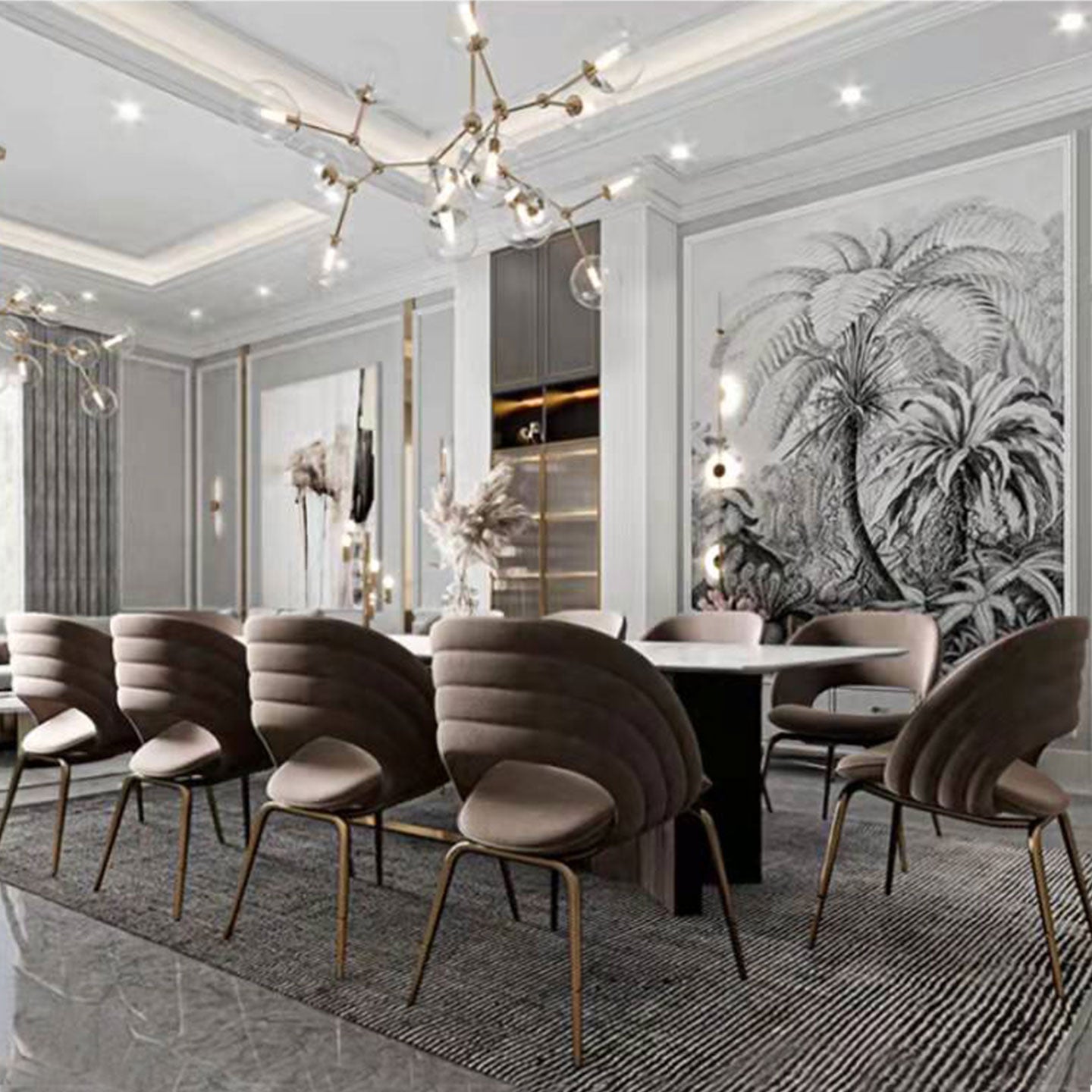 Modern Velvet Dining Chair with Channel Tufted Back | Champagne Gold Metal Frame