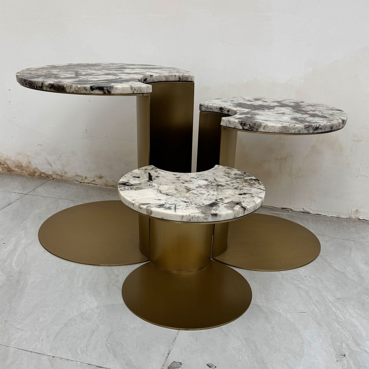 Polished Gold Stainless Steel Multi-Level Coffee Table with Gold Vein Marble Top
