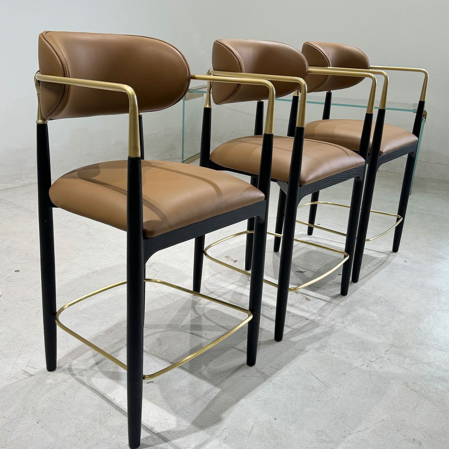 Bar stools, polished brass, microfiber leather chairs