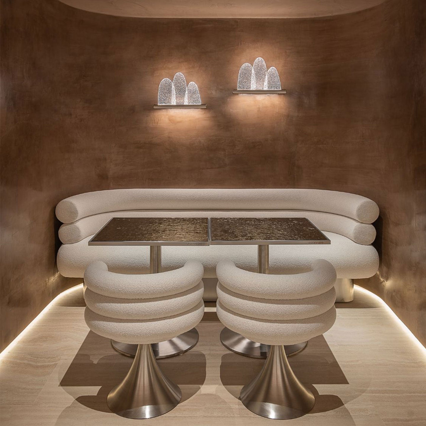 Beige fabric dining chair with metal flared legs