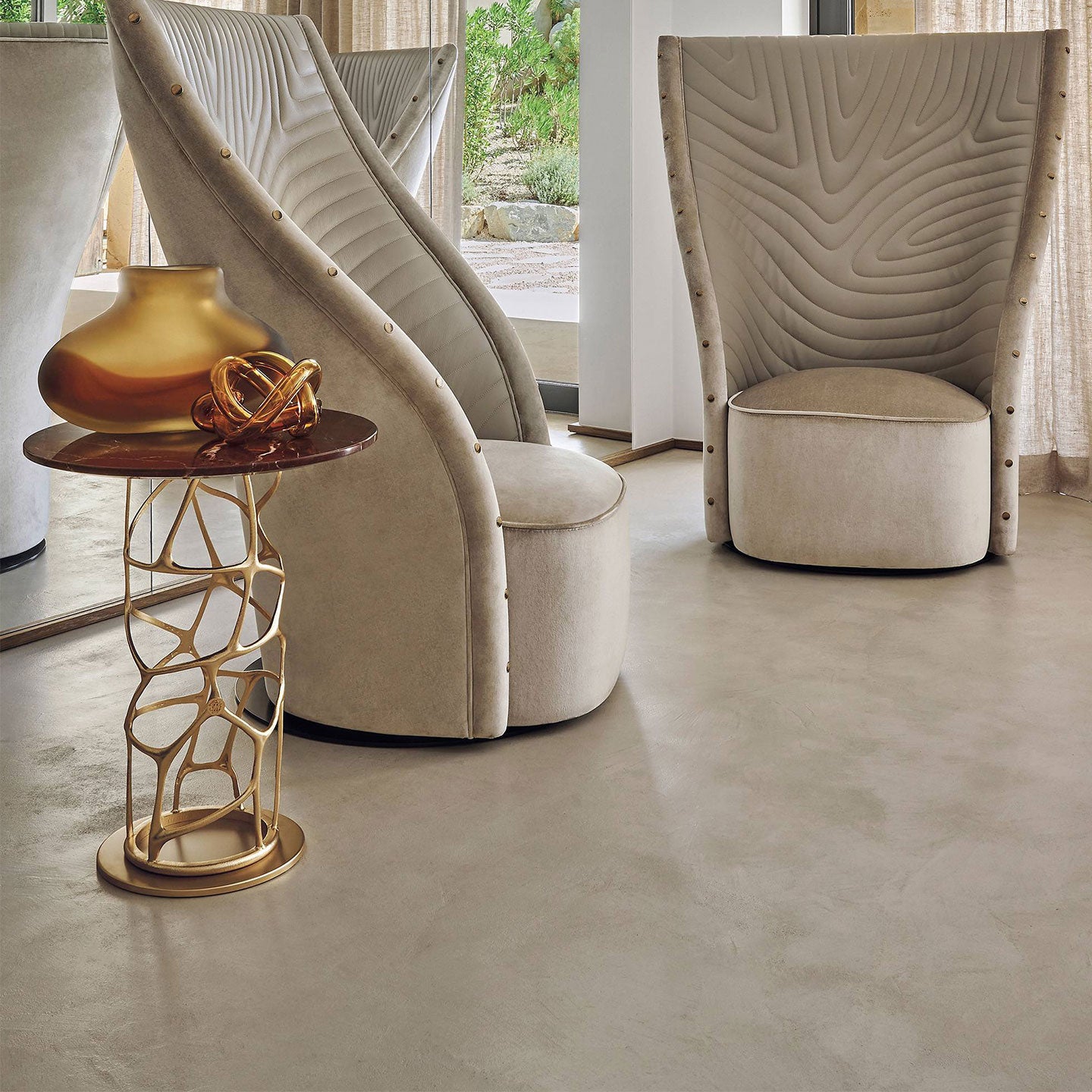 Luxury Gold Branch Structure Round Side Table, White Marble Top Modern Accent Table