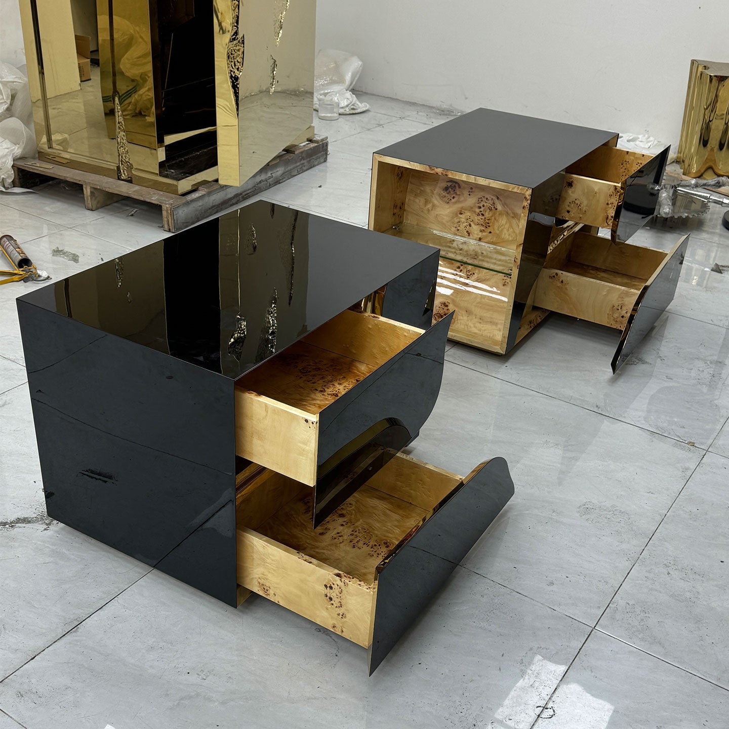Modern Mirrored Nightstand with Gold Sculptural Accent
