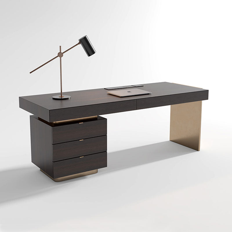 Luxury Dark Wood & Gold Office Desk with Storage Drawers