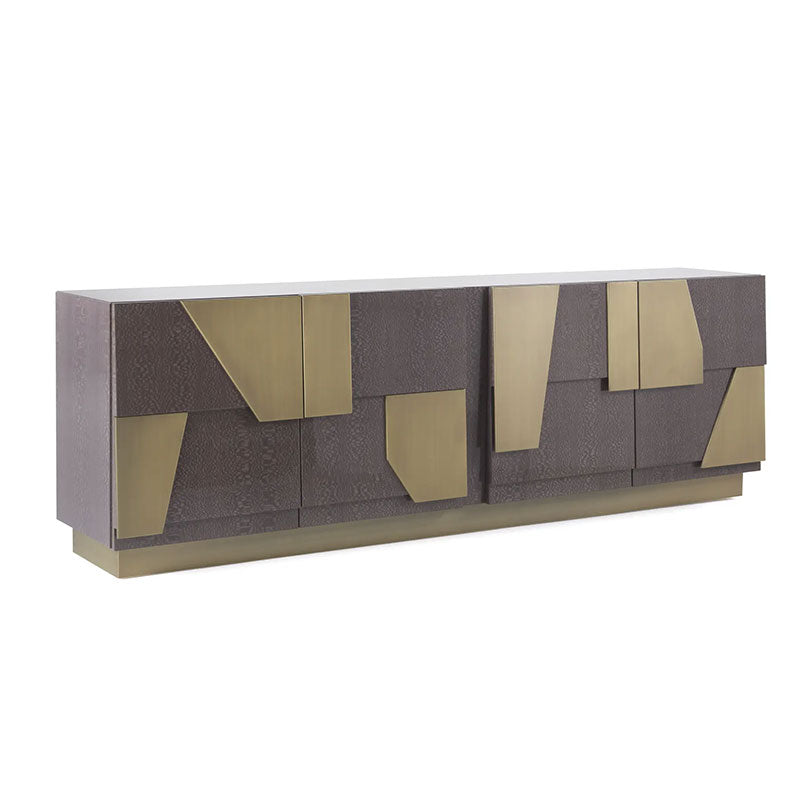 Geometric Brass Inlay Dark Wood Sideboard, Abstract Panel Luxury Storage Credenza