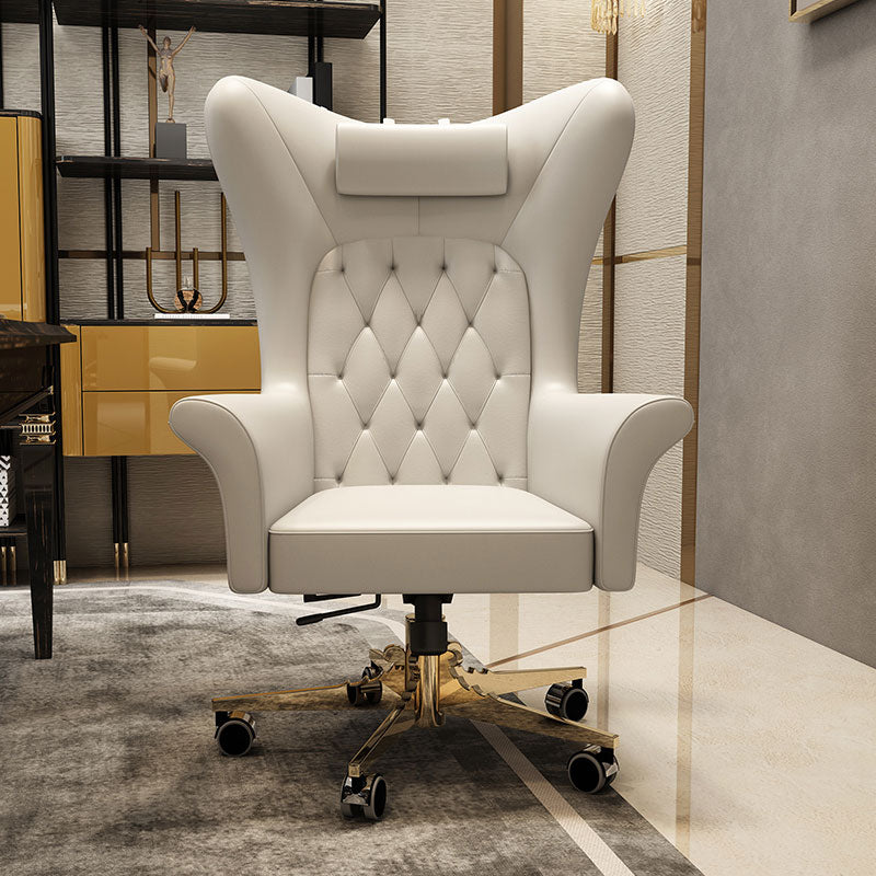 Luxury White Tufted Wingback Executive Chair with Gold Base