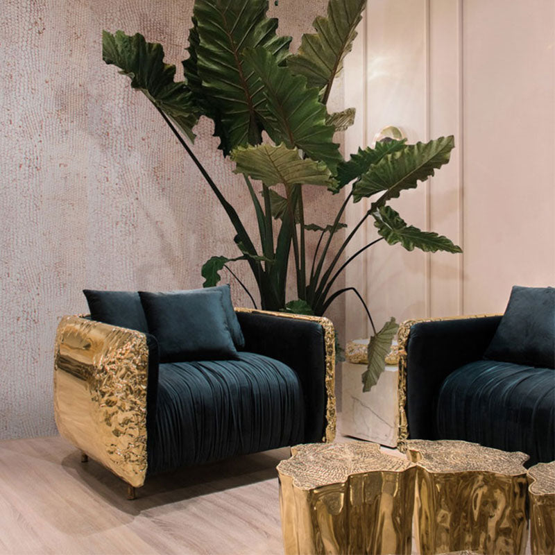 Hammered Stainless Steel and Green Velvet Armchair