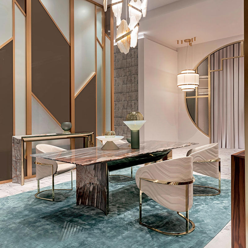 Beige-grey wave-pattern upholstered armchair | Luxury gold-legged armchair | Modern art dining chair