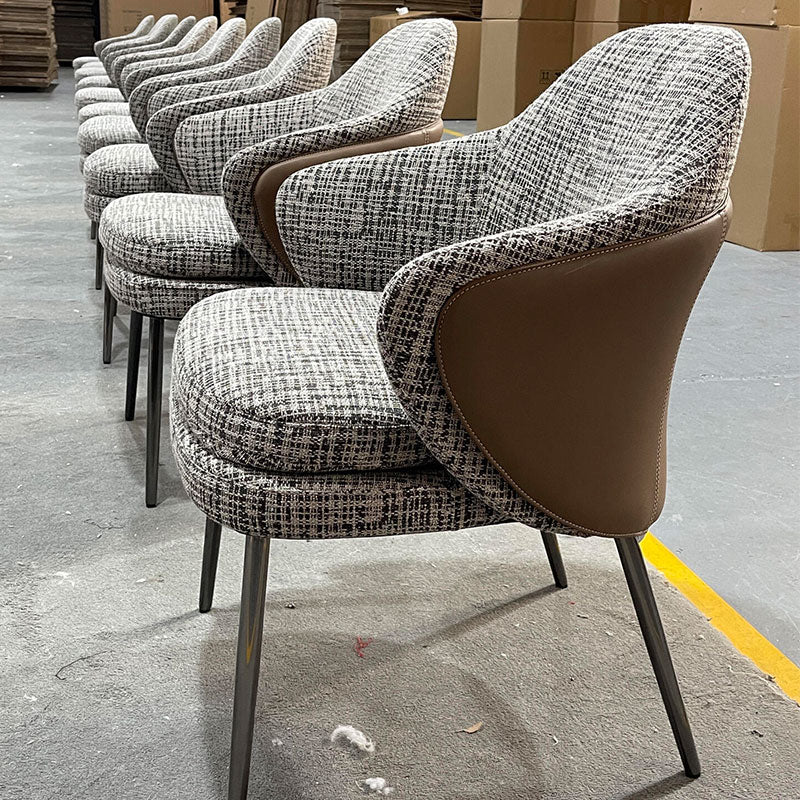 Modern Grey Boucle Accent Chair with Black Leather Back | Black Metal Legs Lounge Chair