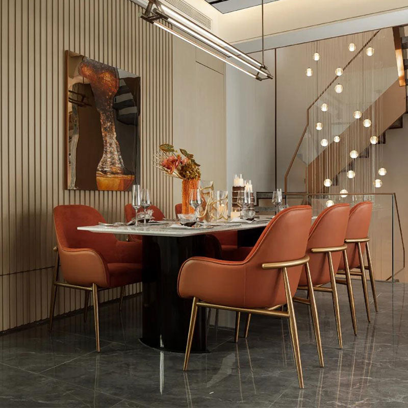 Velvet backrest and armrest dining chair; metal legs designer armchair