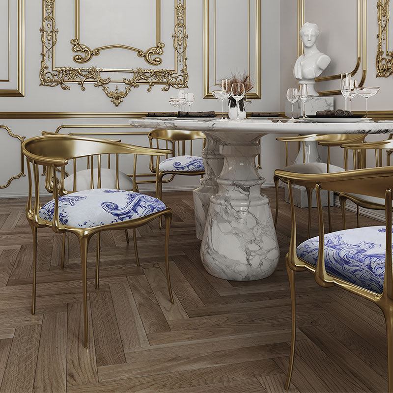 Luxury Brass Armchair with Blue and White Porcelain Pattern Velvet Seat | Modern Gold Dining Chair