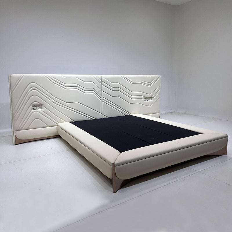 Cream Wavy Stitch Upholstered Bed Rose Gold Metal Base Luxury King Size Bed Frame