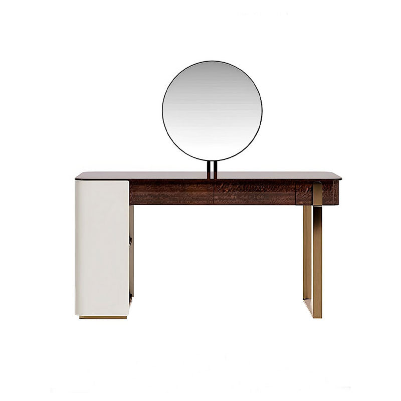 Modern Wood & Gold Vanity Desk with Round Mirror