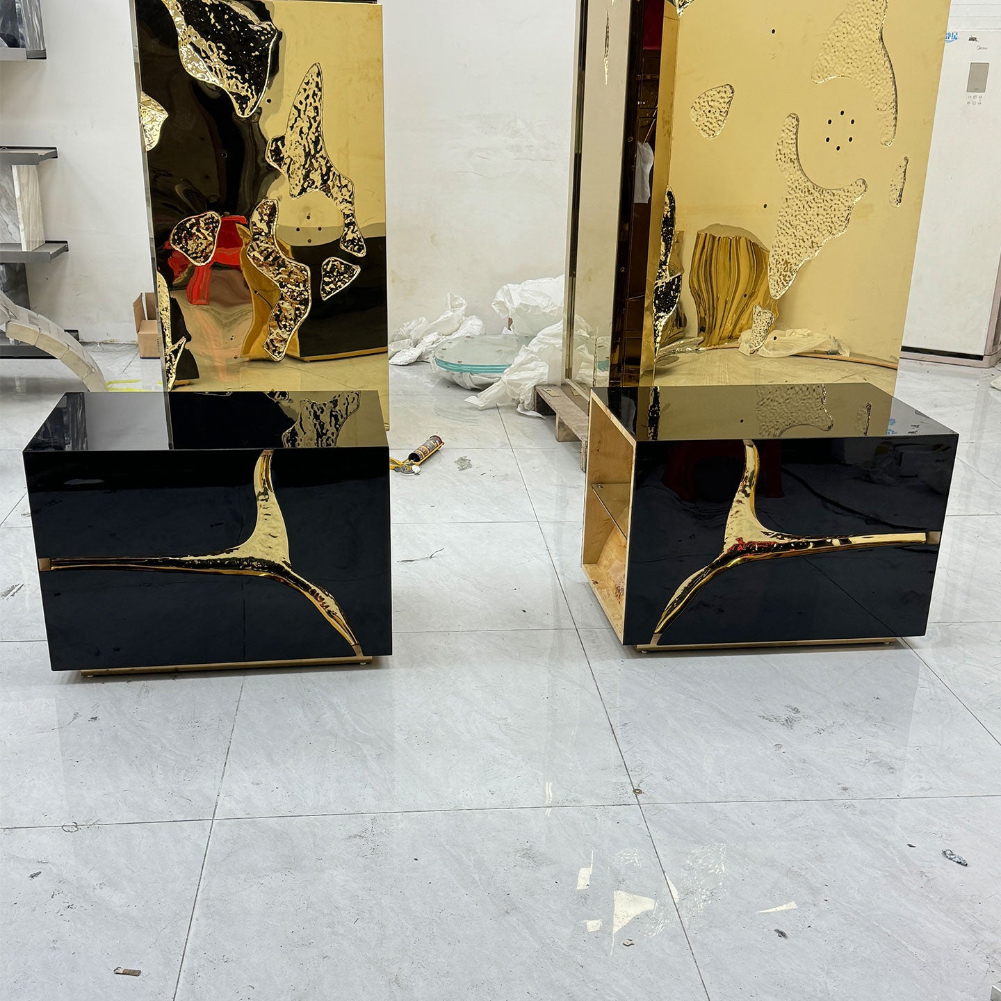 Luxury Black High Gloss Nightstand with Sculptural Gold Brass Inlay