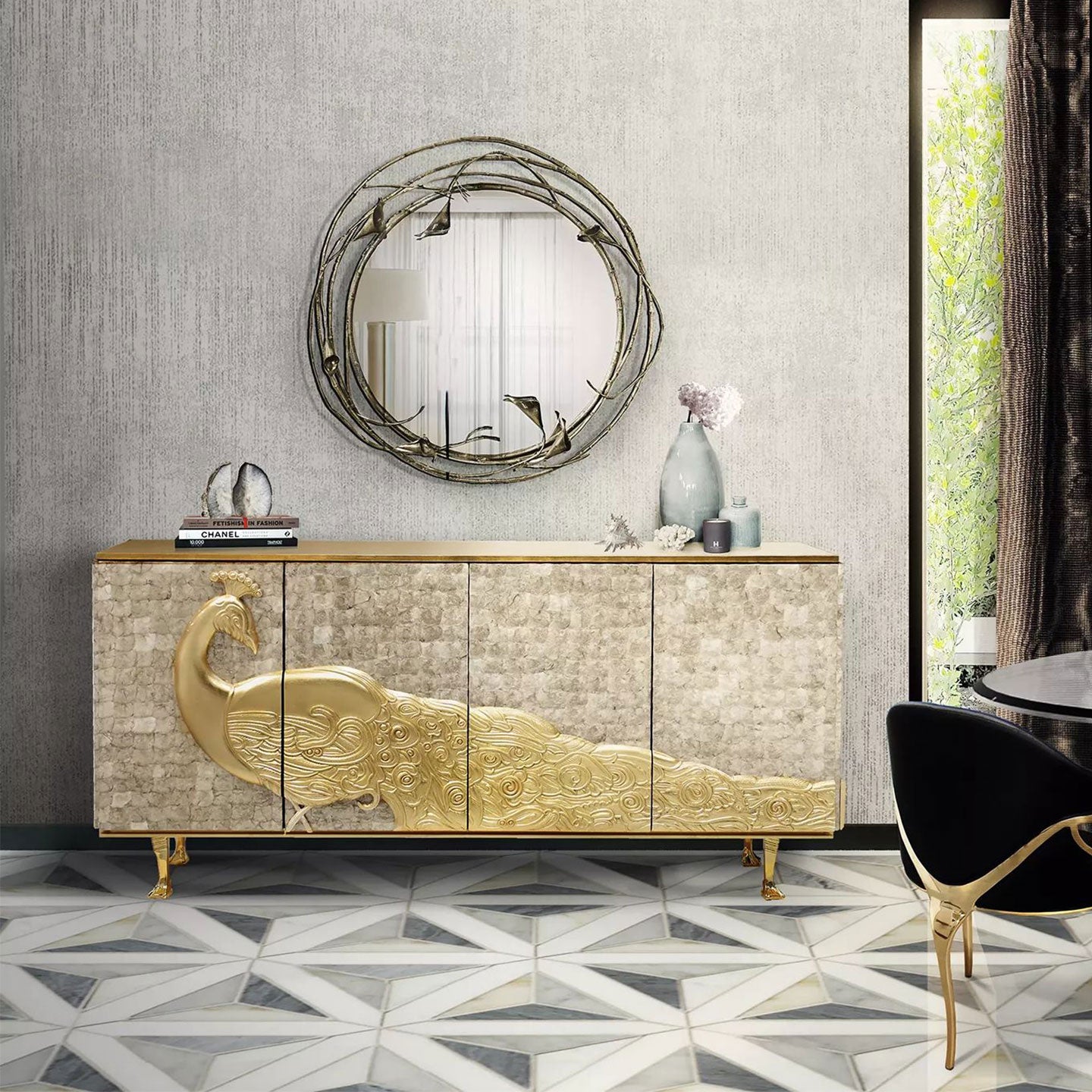 Mother of Pearl Peacock Relief Gold Sideboard, Luxury Carved Shell Storage Credenza