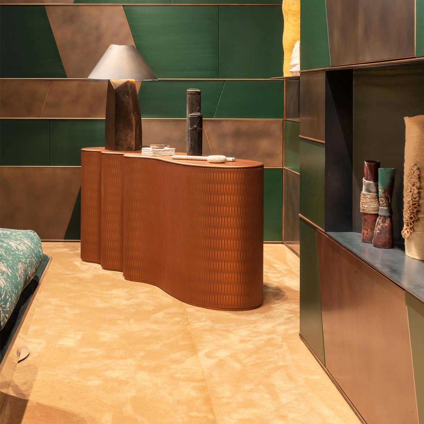 Organic Wavy Console, Curved Ribbed Wood Luxury Storage Credenza