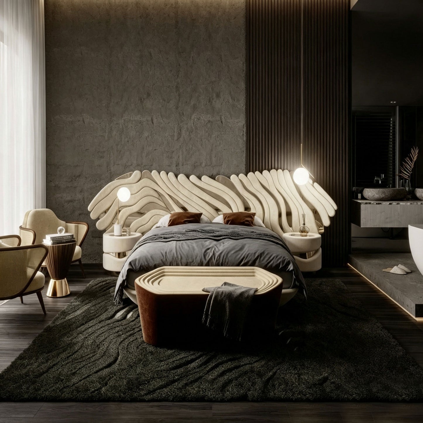 Emerald Green Velvet Wave Wingback Bed, Luxury Sculptural Gold Accent Platform Bed