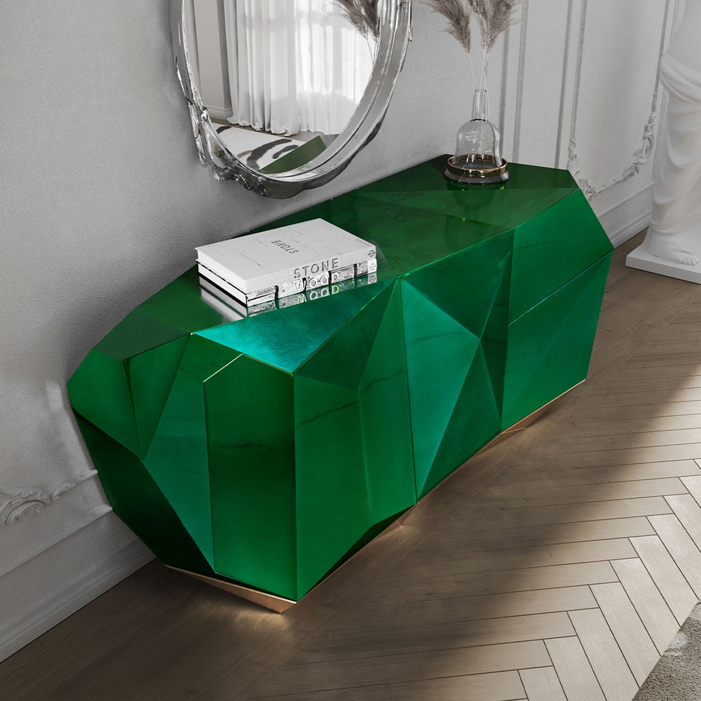 Emerald Green Diamond-Shaped Glossy Sideboard Cabinet