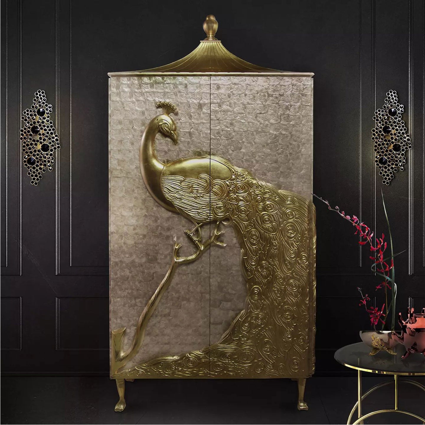 Embossed Gold Peacock Tall Display Cabinet Pagoda Top Capiz Shell Luxury Storage Armoire