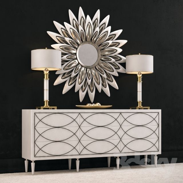 White Geometric Nailhead Trim Sideboard Cabinet