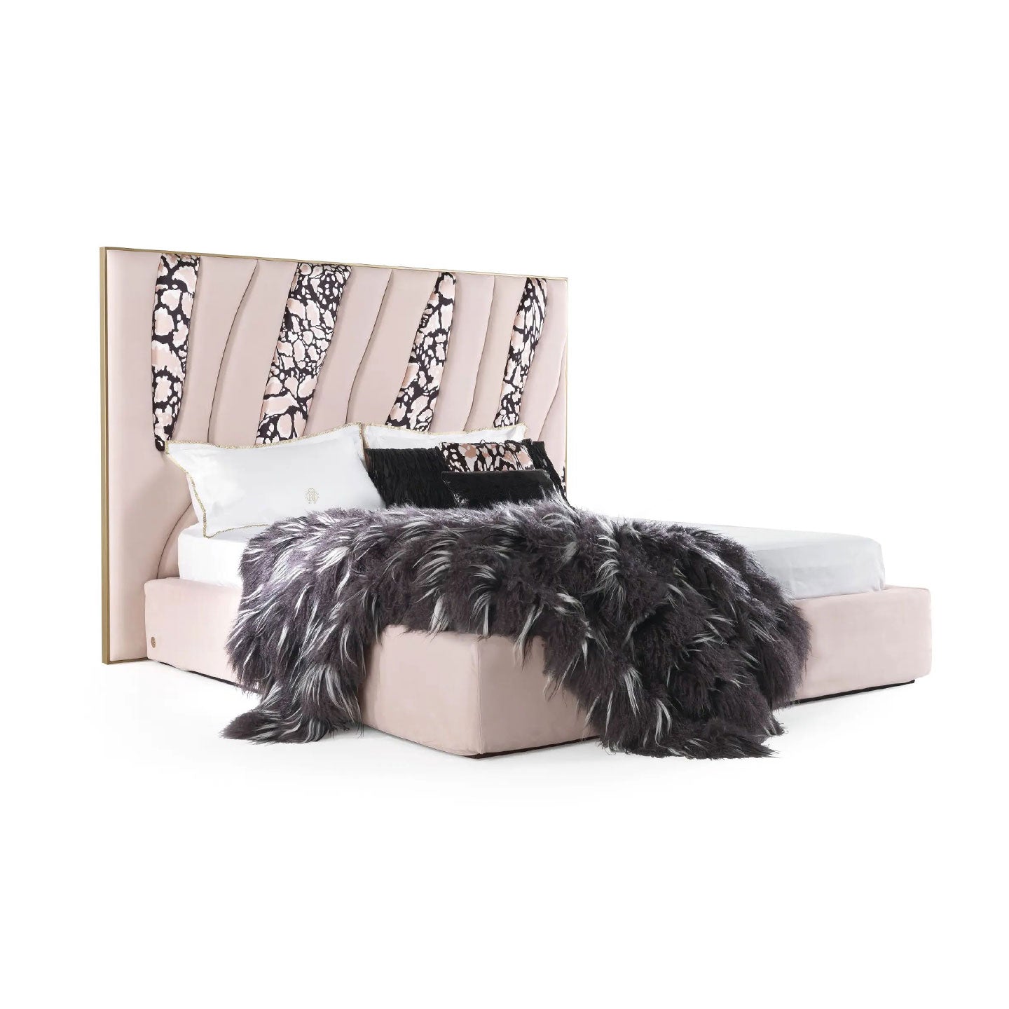 Blush Pink Velvet Upholstered Bed, Leopard Print Inlaid Vertical Channel Headboard Platform Bed
