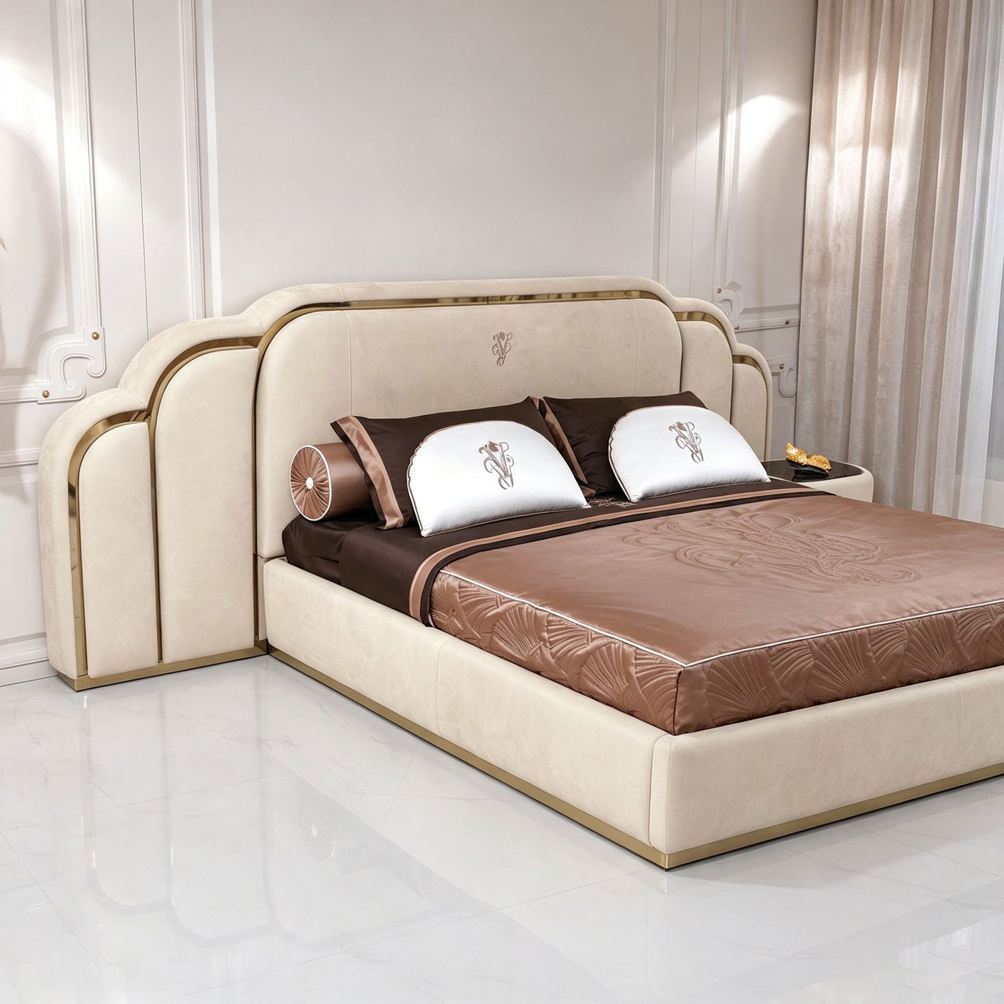 Cream Suede Upholstered Bed with Gold Metal Trim, Curved Wing Luxury Designer Platform Bed Frame