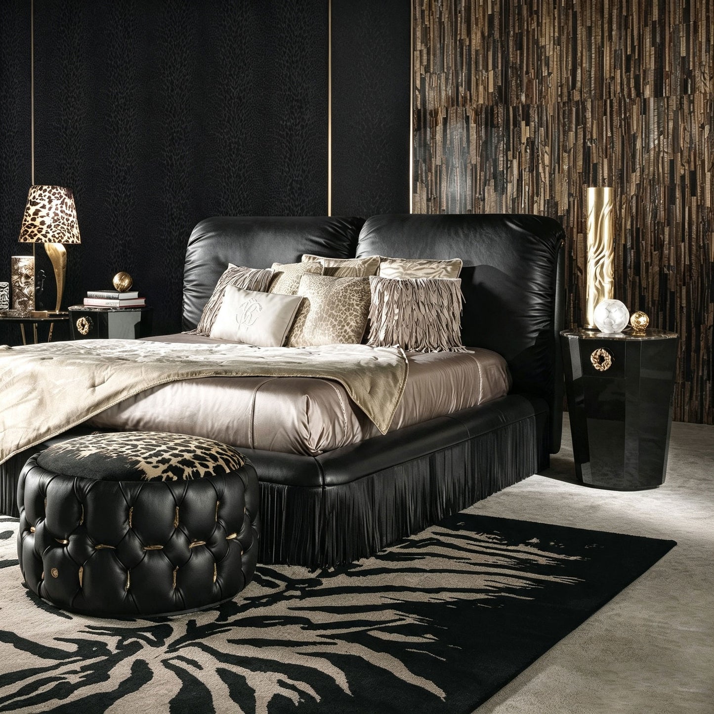 Black Leather Upholstered Bed with Fringe Skirt, Luxury Soft Double Cushion Headboard Platform Bed