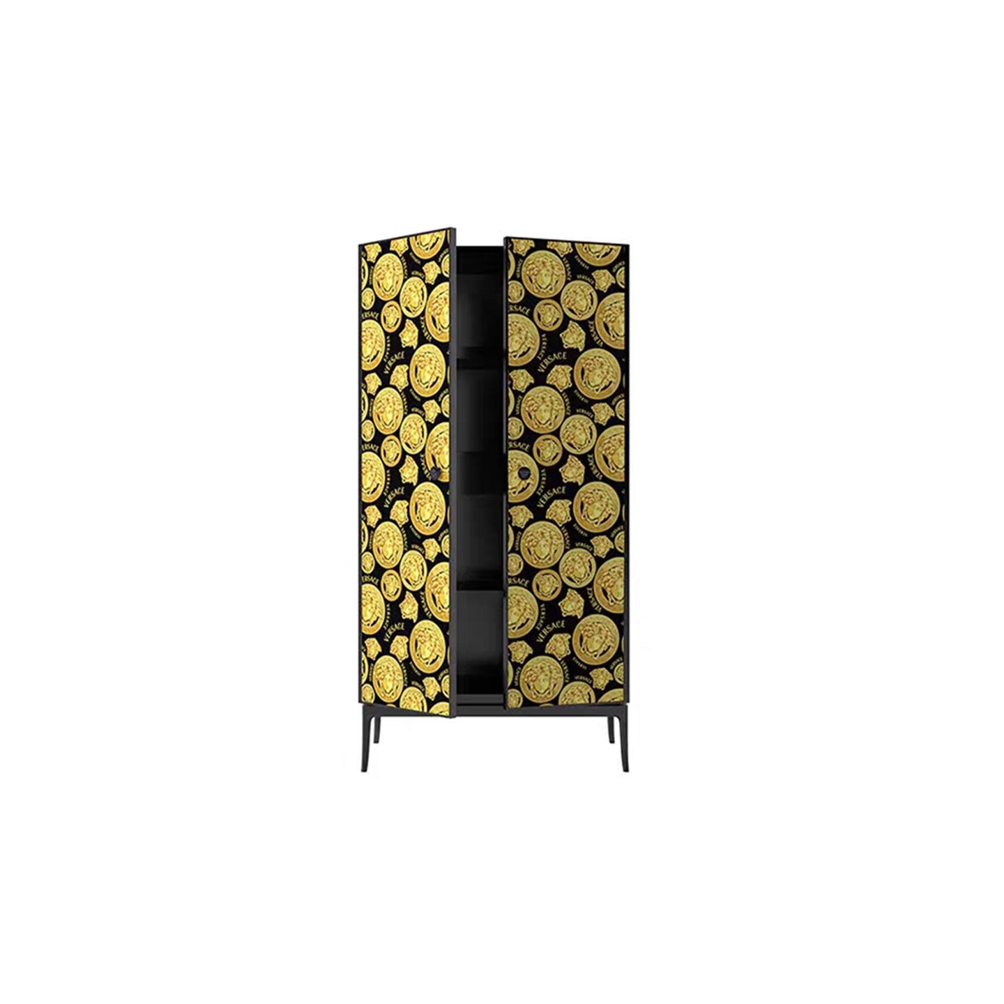 Black Gold Medusa Print Tall Armoire 2 Door Luxury Cabinet