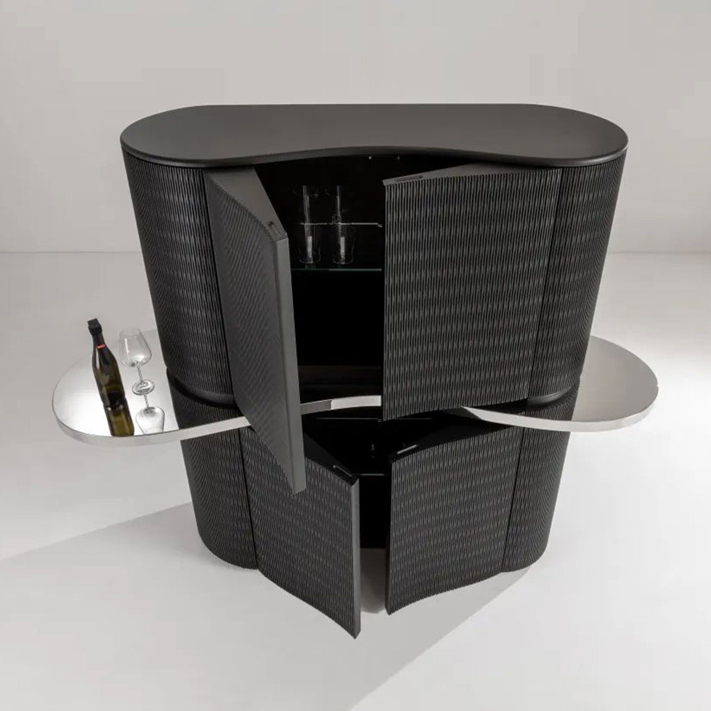 Wood Tall Sideboard Honeycomb Bar Cabinet w/Polished Steel Top