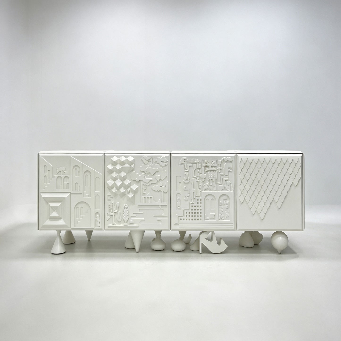 3D Relief Sculptural White Sideboard, Abstract Geometric Embossed Art Storage Credenza