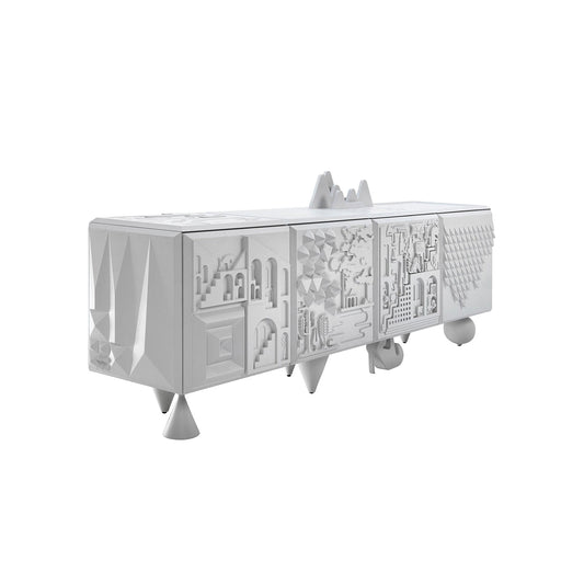 3D Relief Sculptural White Sideboard, Abstract Geometric Embossed Art Storage Credenza