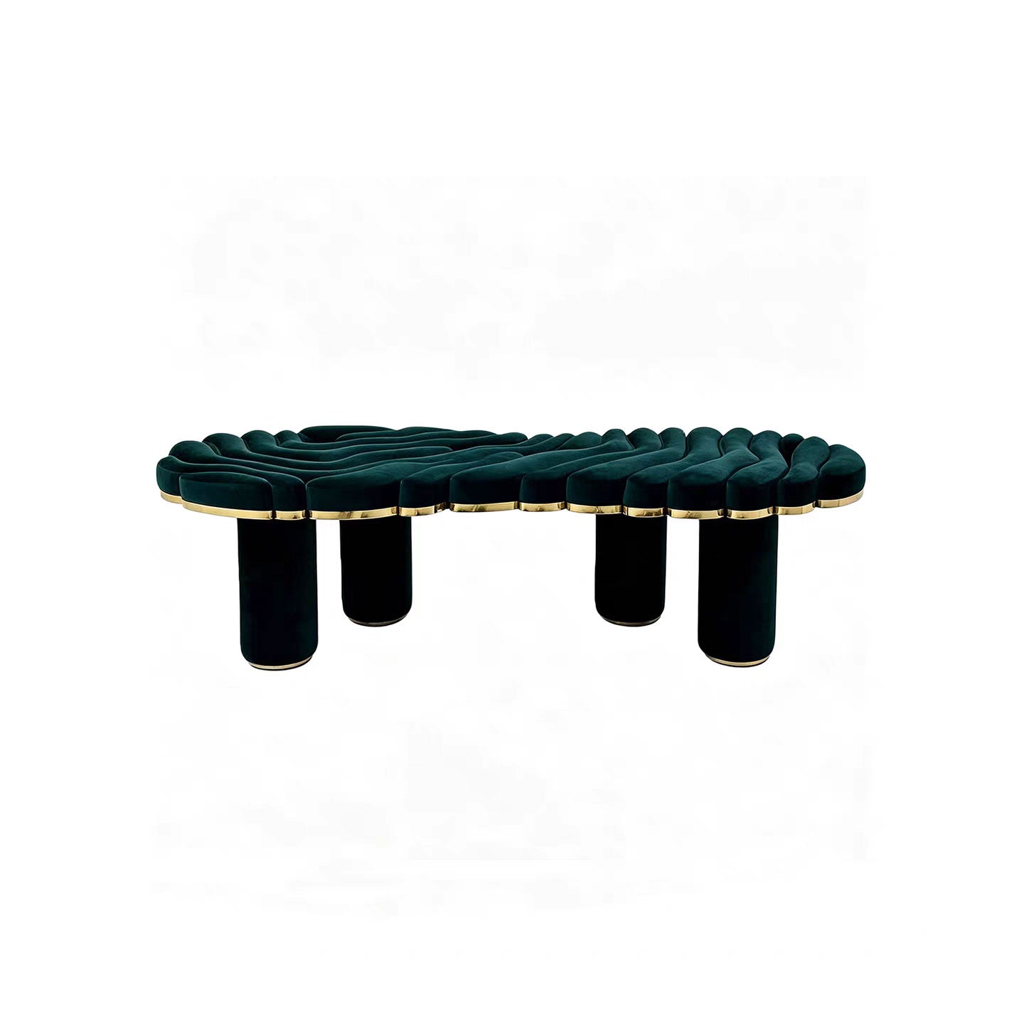 Luxury Wavy Velvet Bench, Green Upholstered Ottoman with Gold Trim for Bedroom