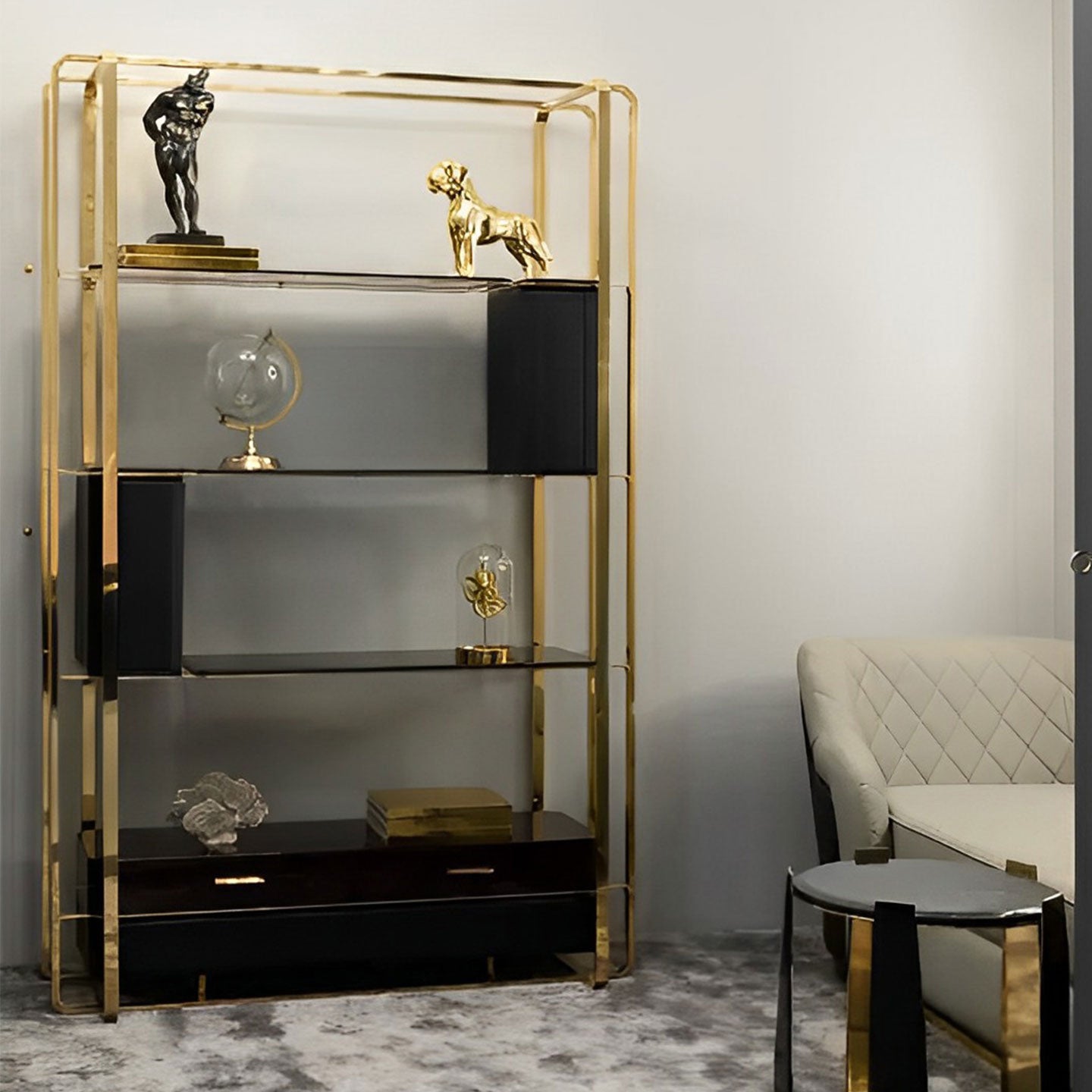 Luxury Gold & Black Glass Display Shelf, Modern Bookcase with Drawers
