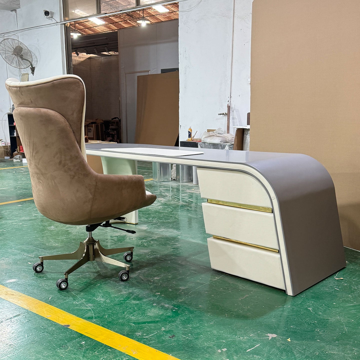 Luxury designer desk for villa studies & executive offices, tiered drawers with delicate metal trim