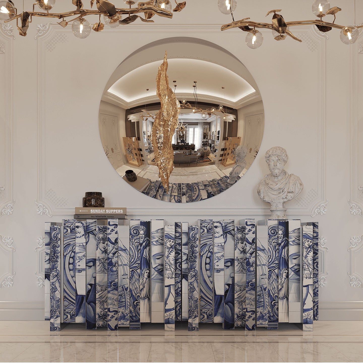Hand-Painted Azulejo Art Sideboard | Brown 3D Sculptural Cabinet