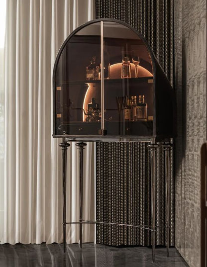 Arched bar cabinet with transparent glass doors and built-in LED lights