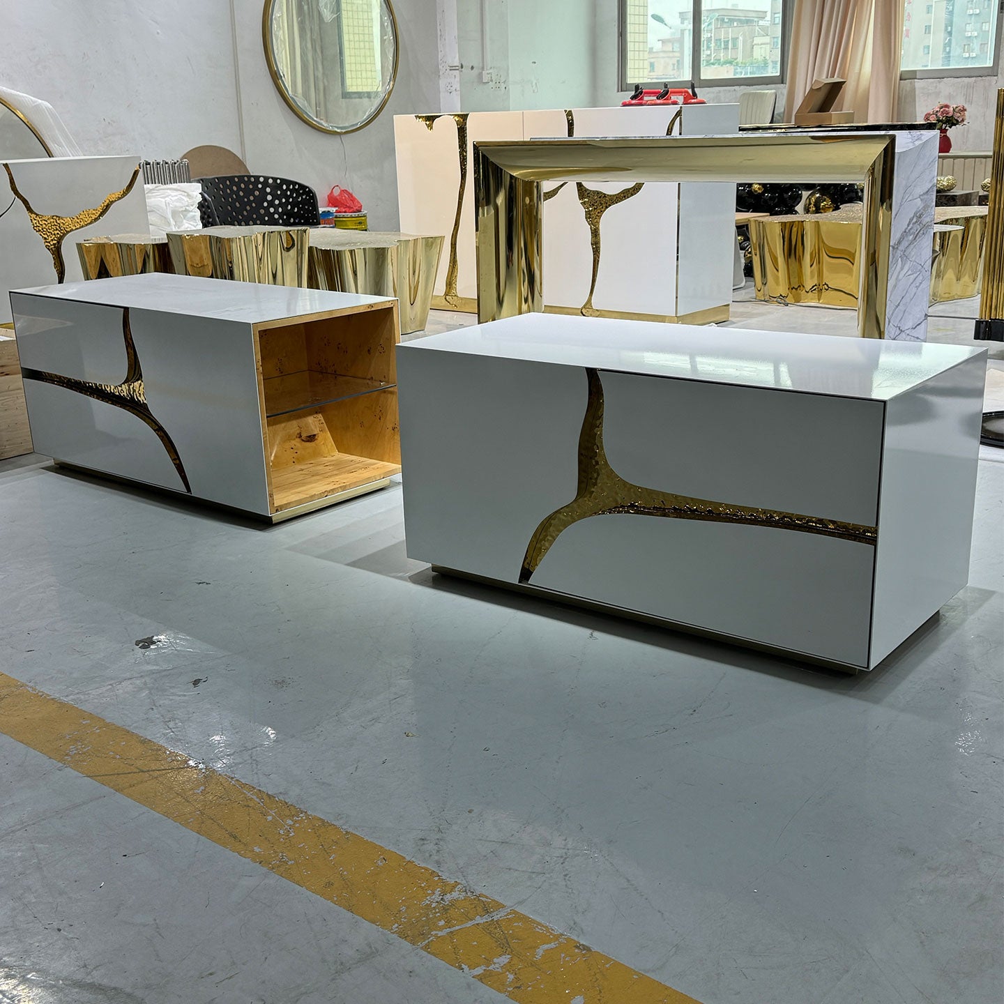 Modern Mirrored Nightstand with Gold Sculptural Accent