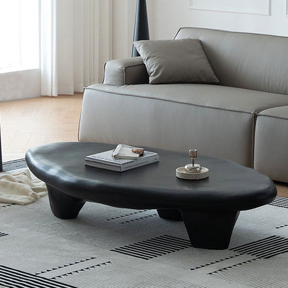 Organic Pebble Shape Black Coffee Table, Wabi Sabi Irregular Curved Solid Sculpture Center Table
