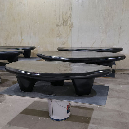 Organic Pebble Shape Black Coffee Table, Wabi Sabi Irregular Curved Solid Sculpture Center Table