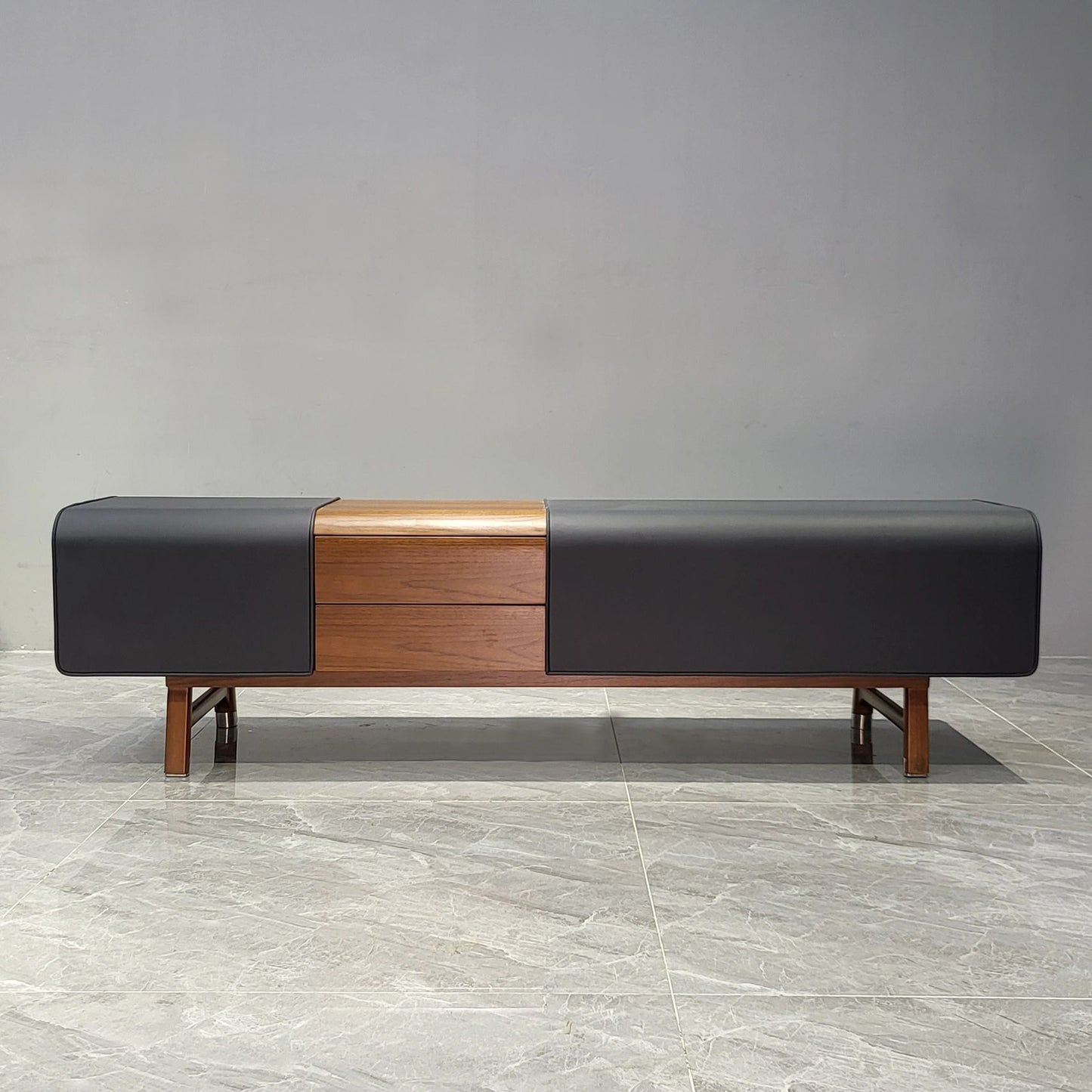 Mid-Century Leather Upholstered Bench with Walnut Drawer