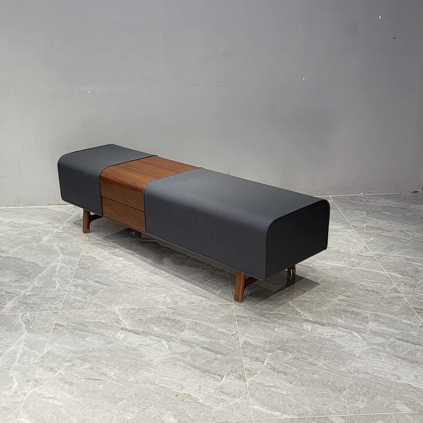 Mid-Century Leather Upholstered Bench with Walnut Drawer