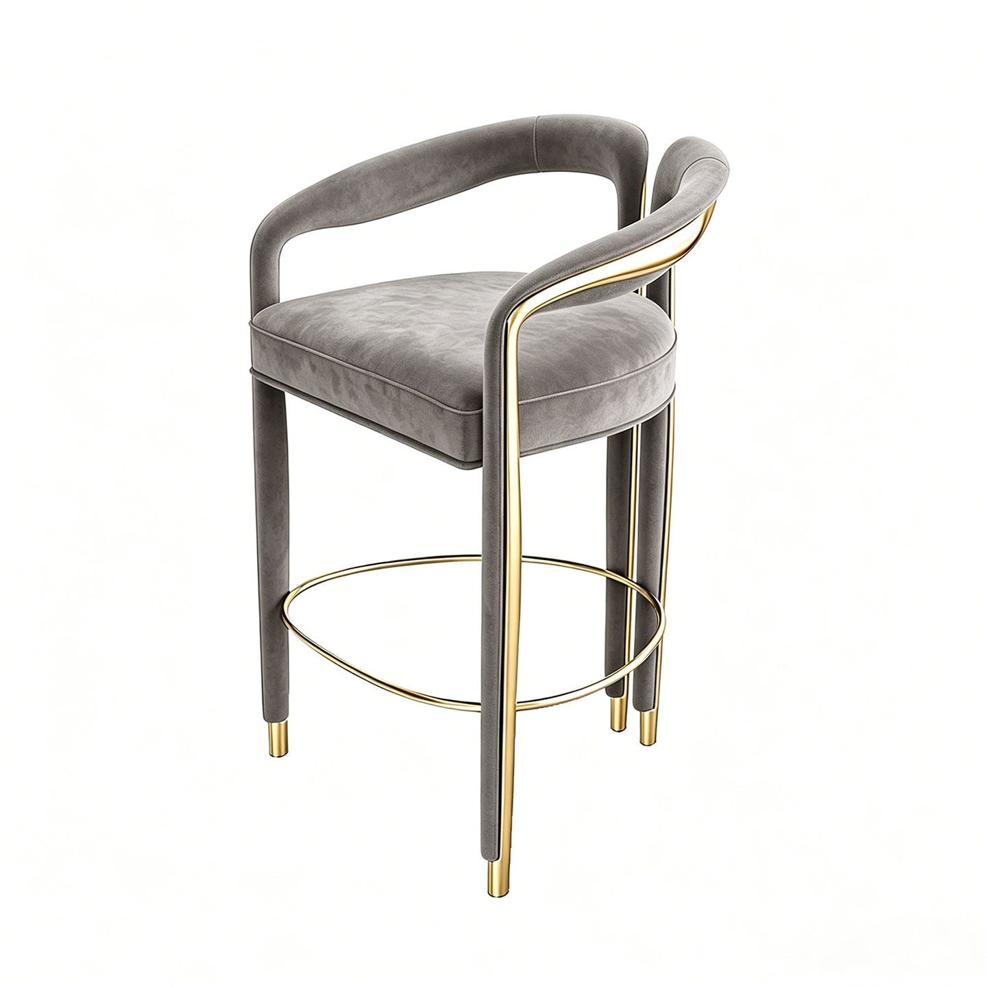 Green Velvet Counter Bar Stool with Gold Metal Accent, Modern Luxury Curved Arm Bar Chair